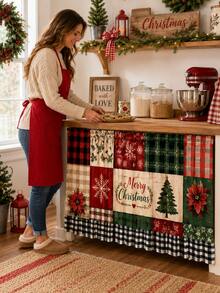 1pc Red Green Christmas Patchwork Cabinet Curtain, Farmhouse Polyester Rectangular Under Sink Skirt With Buffalo Plaid Ruffle Hem, Decorative Kitchen Cover Panel For Christmas Decorations For Home, Home Decor, Kitchen Essentials - Multicolor - View 8