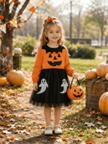 Girls' Fashionable Outdoor Casual Breathable Loose Halloween Orange Pumpkin Ghost Bat Mesh Long Sleeve Dress, Autumn - Orange - View 11