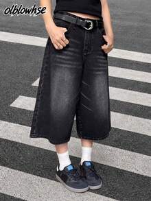 Quần short denim Bermuda dáng suông Y2K vintage, độ dài vừa, màu đen wash hiệu râu mèo, túi chéo, phong cách casual capris đi học, đi chơi, du lịch - màu đen - Xem 1