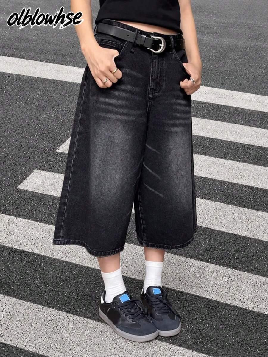 Quần short denim Bermuda dáng suông Y2K vintage, độ dài vừa, màu đen wash hiệu râu mèo, túi chéo, phong cách casual capris đi học, đi chơi, du lịch - màu đen - Xem 1