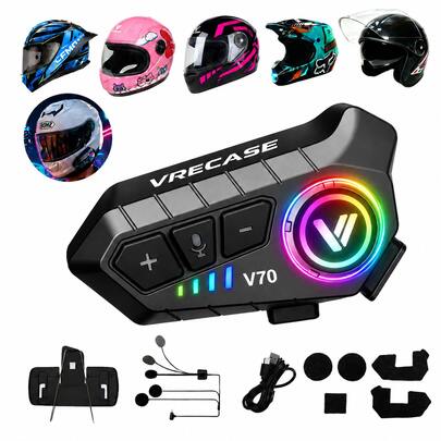 V70 Bluetooth Motorcycle Headphones With 3200 MAh Battery, Black, HiFi Sound, IP67, For All Helmet Types, Motorcycle Communication, Modern Motorcycle Gear, Durable Headset