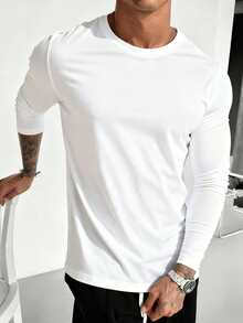 Men's Classic Solid Color Crew Neck Long Sleeve T-Shirt, All-Season Wear, Essential Long Sleeve For Autumn/Winter Wardrobe - White - View 4