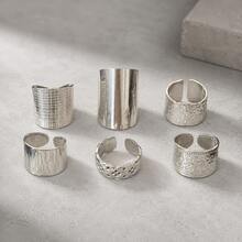 304 Stainless Steel European & American Vintage 6pcs Wide Textured Ring Set, Women's Personalized Hammered Engraved Metallic Stackable Rings, Minimalist Versatile Street Style Daily Party Jewelry - Geometry 6 Pieces - View 7