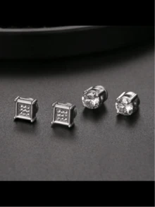 4 Pasang Jepit Telinga Magnetik Stainless Steel, Jepit Telinga Persegi Bulat Tanpa Tindik dengan Batu Zirkonia Kubik, Set Perhiasan Netral Unisex - Anting magnet (4 buah) - View 5