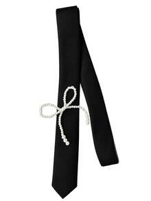 Solid Color Pearl Accessory Hand-Made Narrow Casual Fashion Personalized Tie Scarf - Black - View 2