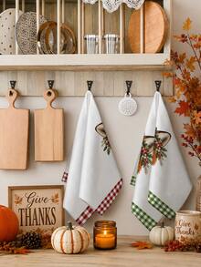 2pcs/4pcs Christmas Kitchen Towels, Fox Bird Holly Berry Print, Red & Green Plaid Border Holiday Home Decor Hand Towels - Multicolor - View 5
