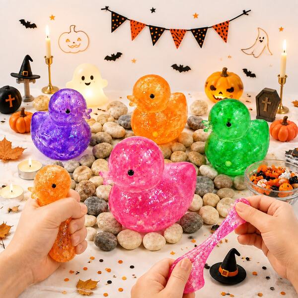 Halloween Glitter Transparent Duck Squishy Doll, Malleable Slow Rebound Sensory Stress Relief, Vibrant Multicolor Collectible Squeeze Doll, Eye-Catching Desktop Decor, Holiday Party Surprise, Fun Gift Bag Filler Small Gift