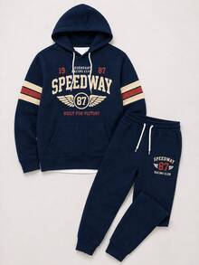 Men's Speedway 87 Vintage Letter Print Hoodie + Joggers 2 Pieces Set, Retro Striped Sleeve Drawstring Sports Outfit - Multicolor - View 3