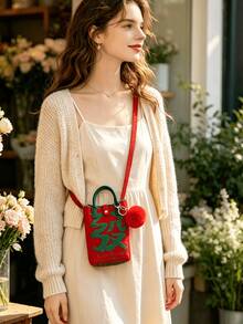Cute Knitted Phone Bag Features Chinese Character (Good Luck More Money Graphic, Portable Women's Crossbody/Handbag With A Charm,For Everyday Wear - Multicolor - View 2