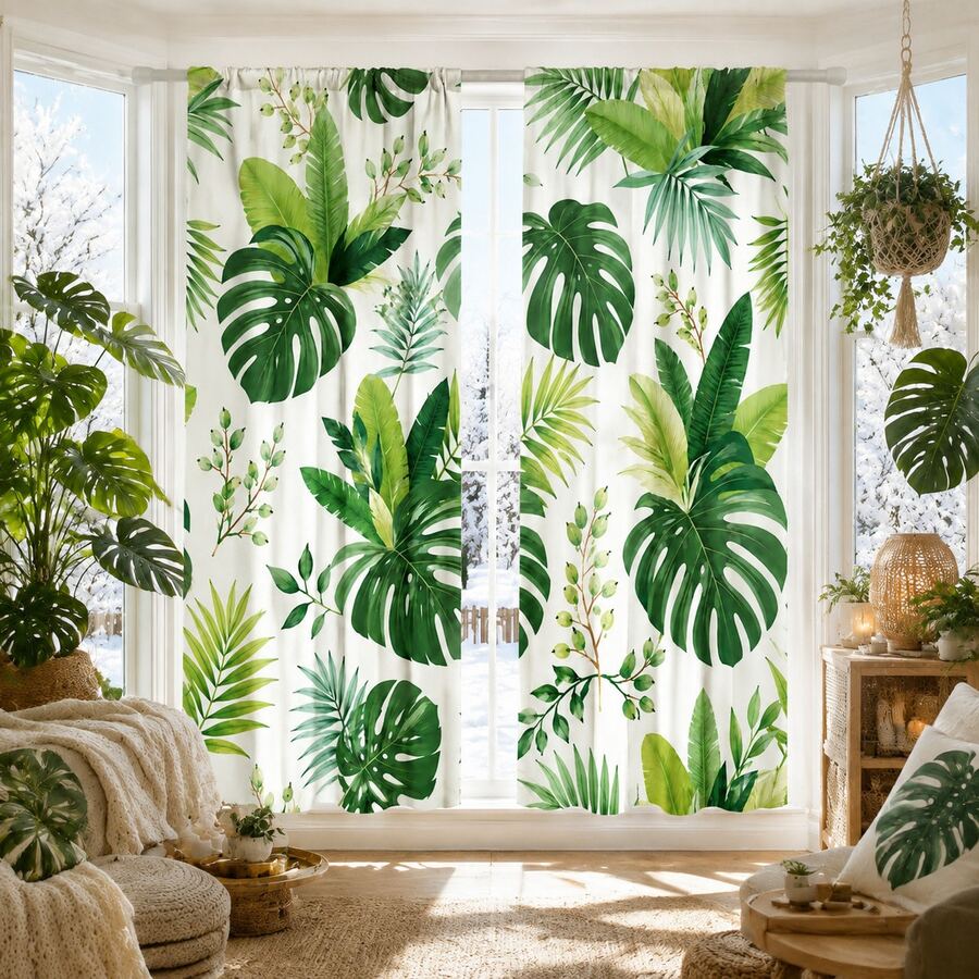 2 Pieces Of Tropical Turtle-Back Bamboo Green Plant-Print Translucent Curtains, Rod Bag Style, High-Definition Digital Printing, Fade-Resistant, Washable By Hand Or Machine, Suitable For Home Decoration In Living Room, Bedroom And Study Area. - Multicolor - View 1