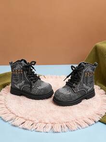 1 Pair Kids Vintage Denim Texture Boots With Embroidery And Side Zipper, Suitable For School, Commuting, Daily Casual Wear, Autumn/Winter - Black - View 6