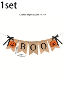 1set Of Halloween Linen Decorative Banners Featuring "BOO" And Pumpkin Designs-Perfect For Halloween Decor, Party Setups, Festive Displays, And Creating A Holiday Atmosphere. Ideal For Halloween Decorations, Home Styling, And Themed Parties. - Multicolor - View 12