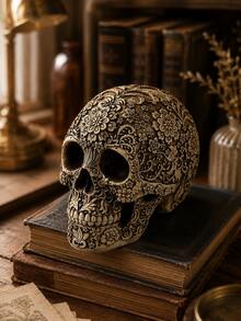 1pc Resin Skull Floral Human Skull Model, Adult Skull Skeleton Model, Day Of The Dead Decoration, Vintage Style Home Desktop Ornament, Horror Party Prop, Unique Collectible Model Gift - 1PC - View 6