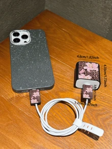 4件組個性化性感豹紋百合花紋充電器保護殼與線材收納配件組－20W/18W充電器適配器、適配器頭套，相容於Apple 11/12/13/14/15/16/13promax/16promax/17promax/15promax - 彩色 - 查看 2