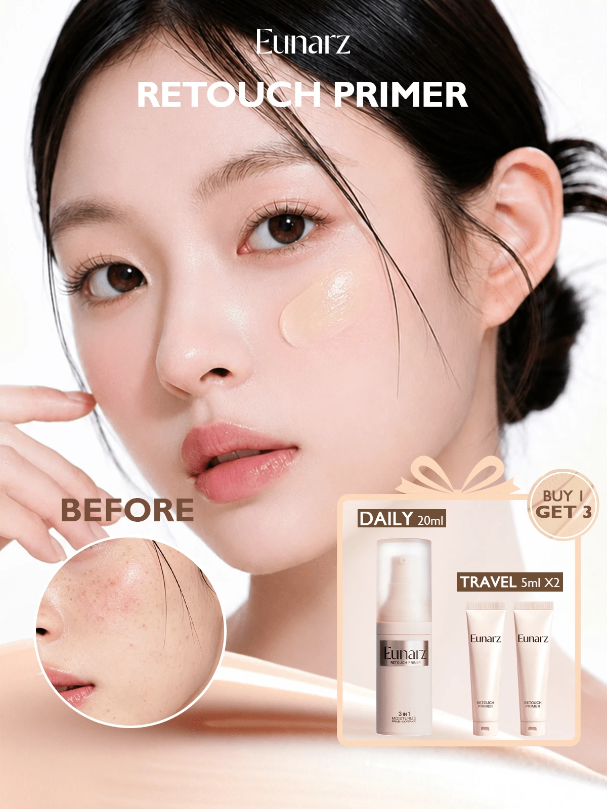 Primer Makeup Eunarz, Alas Bedak Ringan yang Melembapkan dan Menghaluskan, Menyamarkan Pori-Pori dengan Efek Fokus Lembut, Menciptakan Kulit Wajah Sempurna dan Bercahaya - Telanjang - View 1