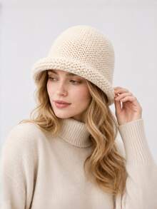 1pc New Autumn/Winter Women's Bucket Hat, Premium Feel, Face-Slimming, Versatile Solid Color Knitted Rolled Edge Woolen Bucket Hat - Multicolor - View 6