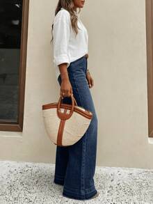 Women's Autumn Bohemian Style Elegant Washed Long Wide Leg Jeans, Frayed Hem, Medium Stretch, Suitable For All Seasons, Casual - Dark Wash - View 4
