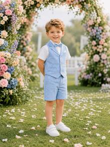 年輕男孩新款夏季兒童表演禮服套裝，婚禮/環節男童服裝，3件套背心褲裝領帶 - 藍色 - 查看 2