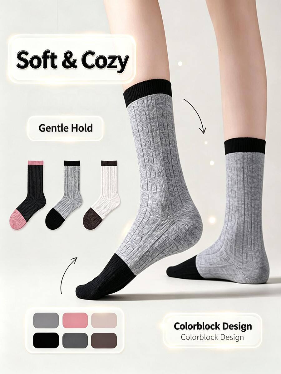 1/5/10 Pairs Autumn/Winter Twisted Pattern Contrast Color Tube Socks, Simple Knitted Socks, Antibacterial, Moisture-Wicking, Breathable And Comfortable, Suitable For Sports, Home, Casual, Commuting, Campus - Multicolor - View 1