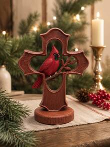 1pc Christmas Cardinal Figurine, Red Cardinal Bird On Decorative Cross Statue, Rustic Holiday Tabletop Decor For Fireplace Mantel Shelf Entryway Living Room - Classic - View 10
