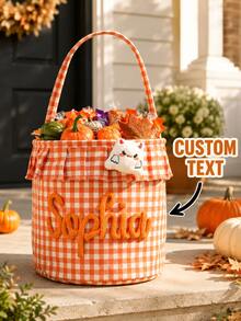 Tas Permen Halloween dengan Nama Kustom, Ember Permen Halloween Motif Kotak-kotak yang Dipersonalisasi dengan Pegangan, Suvenir Pesta , Hadiah Halloween - MultiWarna - View 2
