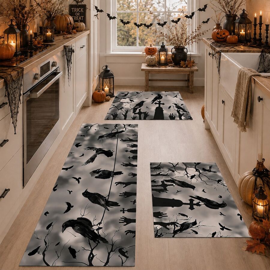 1/2pcs Halloween Crow Pattern, Vintage Diatomaceous Earth Bath Mat, Super Absorbent, Non-Slip, Perfect For Bathroom, Kitchen And Dining Room, Quick Dry, Machine Washable, Perfect Gift For Home Decor And Bathroom Mat - Multicolor - View 1