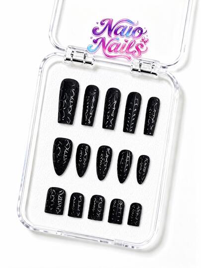 NAIO 10 piezas/Set Uñas postizas Y2K hechas a mano para Halloween, color base negro puro, textura de telaraña en relieve, estilo minimalista oscuro y espeluznante, adecuado para uso diario en Halloween, 3 tamaños forma ataúd/almendra/cuadrada corta, uñas postizas, removibles y reutilizables
