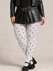 1pc Women's Plus Size White Polka Dot Tights, Black Dot Pattern, Slim Fit Vintage Fashion Stockings - White - View 7