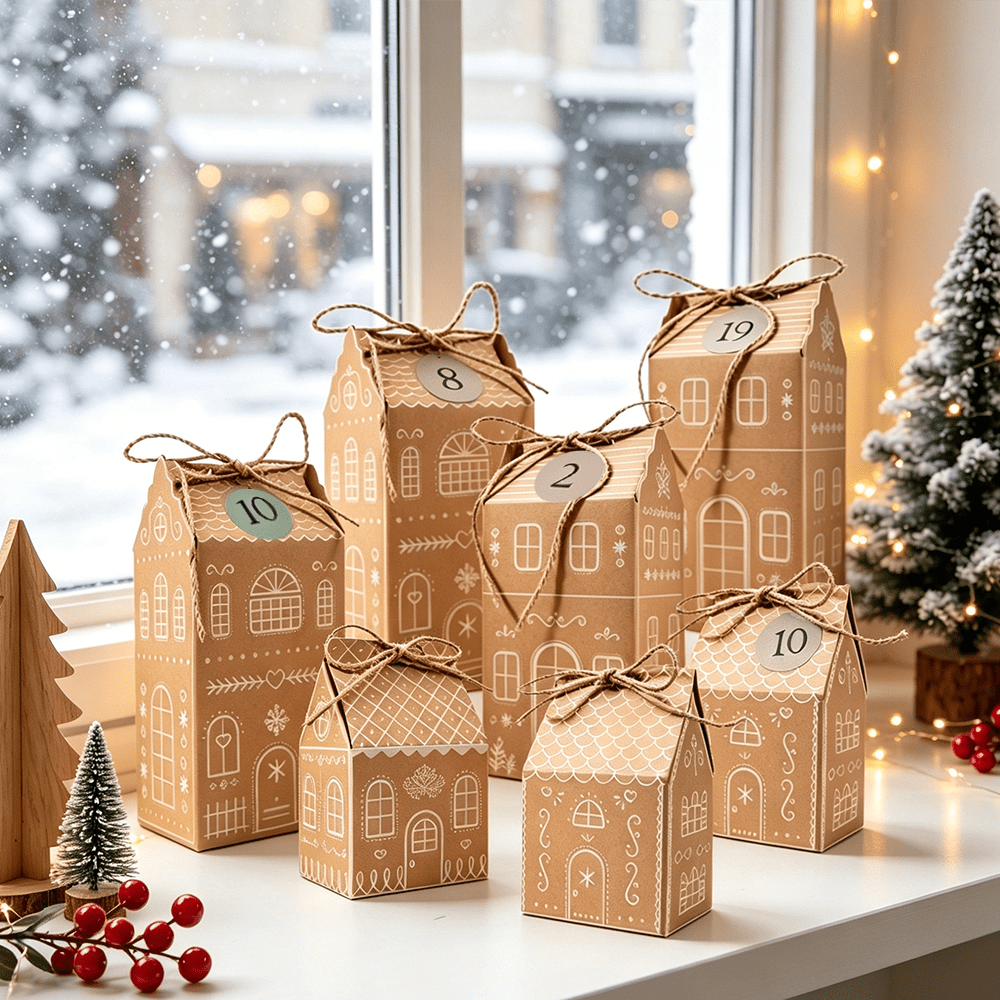 24 Stücke gemischte Weihnachtsgeschenkboxen, Adventskalender Lebkuchenhaus Papierboxen, Weihnachts- und Neujahrsparty Geschenkverpackungstüten Zubehör