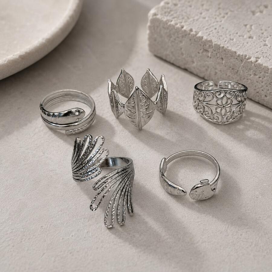 Stainless Steel European & American Vintage 5pcs Personalized Ring Set, Snake & Leaf Hollow Texture Open Rings, Women's Minimalist Versatile Stackable Street Style Daily Fashion Jewelry - Geometric 5-piece - View 1