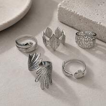 Stainless Steel European & American Vintage 5pcs Personalized Ring Set, Snake & Leaf Hollow Texture Open Rings, Women's Minimalist Versatile Stackable Street Style Daily Fashion Jewelry - Geometric 5-piece - View 7