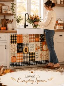 1pc Orange Beige Pumpkin Sunflower Patchwork Under Sink Curtain, Rustic Polyester Rectangular Rod Pocket Cabinet Cover With Plaid Ruffle Hem, Decorative Concealer For Kitchen Storage, Fall Decor, Home Decor, Kitchen Essentials - Multicolor - View 4