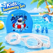 Children's Swim Goggles & Swim Cap Set, Large Frame Clear Lens, Adjustable Double Strap, Cartoon Fabric Swim Cap, With Nose Clip And Earplugs, Swimming Practice & Water Play Gear For Boys And Girls - Purple - View 3
