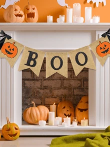 1set Of Halloween Linen Decorative Banners Featuring "BOO" And Pumpkin Designs-Perfect For Halloween Decor, Party Setups, Festive Displays, And Creating A Holiday Atmosphere. Ideal For Halloween Decorations, Home Styling, And Themed Parties. - Multicolor - View 6