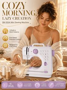 Mini Portable Electric Sewing Machine, 12 Stitches, Adjustable Speed, Built-In LED Light, Dual Electric And Manual Modes, Includes Foot Pedal And Bobbin Set, Suitable For Clothing Repair, DIY Crafts And Beginners - Mauve Purple - View 3