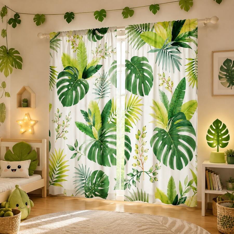 2 Pieces Of Tropical Turtle-Back Bamboo Green Plant-Print Translucent Curtains, Rod Bag Style, High-Definition Digital Printing, Fade-Resistant, Washable By Hand Or Machine, Suitable For Home Decoration In Living Room, Bedroom And Study Area. - Multicolor - View 1