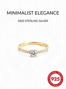 1 pieza Anillo de plata esterlina y circonita cúbica, joyería de boda exquisita para mujeres - Amarillo Oro - Ver 1