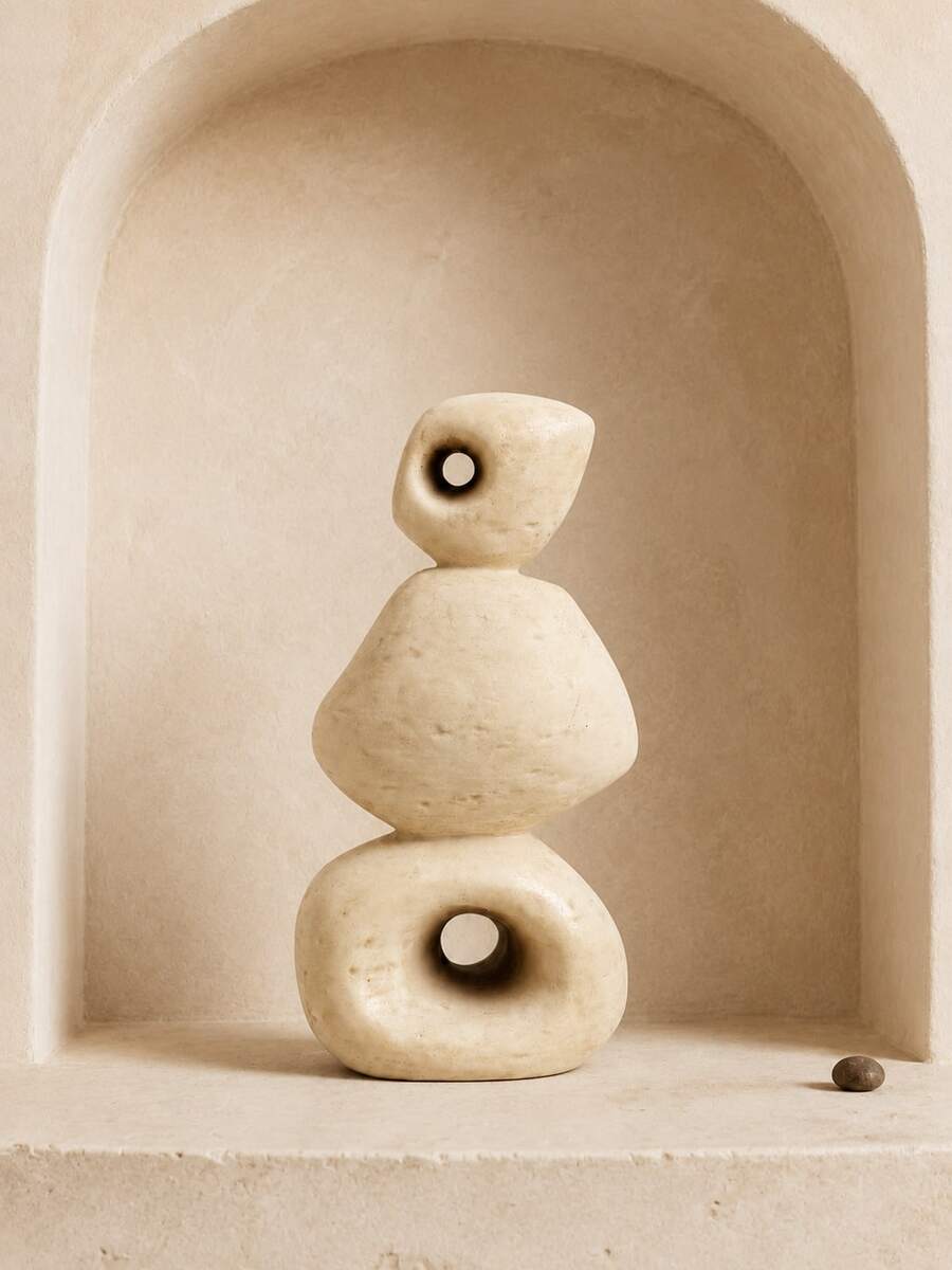 1pc Abstract Stacked Stone Sculpture, Beige Hollow Geometric Statue, Organic Modern Wabi Sabi Tabletop Decor For Living Room Coffee Table Bookshelf Entryway Console, Neutral Minimalist Home Accent - Multiple Models - View 1