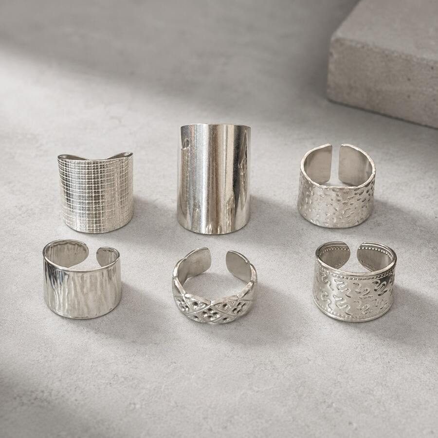 304 Stainless Steel European & American Vintage 6pcs Wide Textured Ring Set, Women's Personalized Hammered Engraved Metallic Stackable Rings, Minimalist Versatile Street Style Daily Party Jewelry - Geometry 6 Pieces - View 1