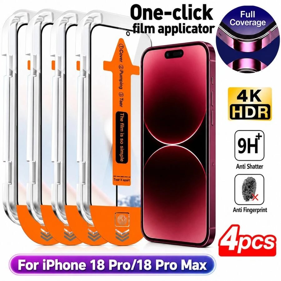 CASECOPS 4Pcs Tempered Glass Phone Screen Protector Film, With Automatic Mounting Tools And Automatic Alignment Tools, Compatible With IPhone 18 Pro Max/18 Pro/17 Pro Max/17 Pro/16 Pro Max/16 Pro, High Definition Transparent 9H Tempered Glass, Full Coverage, Anti-Fingerprint, Anti-Scratch, No Bubble Easy To Install, Also For IPhone 15/14/13/12/11 All Series - 4Pcs - View 1