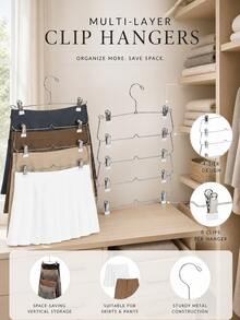 2Pcs 4-Tier Pants Hangers With Non-Slip Clips, Stackable Rustproof Stainless Steel Skirt And Trouser Organizer For Jeans, Shorts, Leggings And Scarves, Space-Saving Closet Storage For Bedroom, Dorm And Travel - Silver - View 1