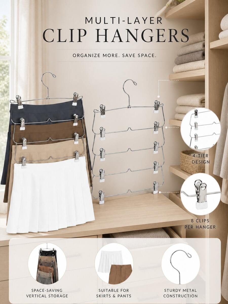 2Pcs 4-Tier Pants Hangers With Non-Slip Clips, Stackable Rustproof Stainless Steel Skirt And Trouser Organizer For Jeans, Shorts, Leggings And Scarves, Space-Saving Closet Storage For Bedroom, Dorm And Travel - Silver - View 1