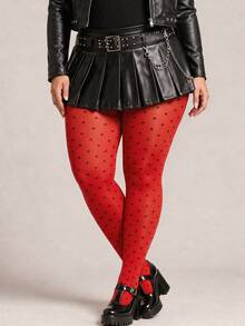 1PC Women's Plus Size Red Polka Dot Tights, Black Dot Pattern Pantyhose, Curve Fit Retro Fashion Stockings - Red - View 3