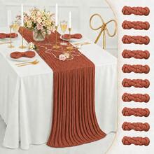 12pcs Clay Color Gauze Table Runner, 35*120 Inch Sheer Table Runner, Semi-Transparent Pleated Bohemian Country Style Table Runner, Suitable For Wedding Party, Baby Shower, Birthday, Bridal Shower, Thanksgiving, Friendsgiving, Engagement Party, Home Decor - Rust Red - View 18