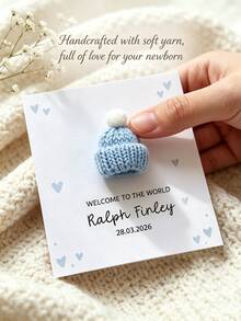 Personalized Baby Welcome Card With Unique 3D Hand-Knitted Tiny Hat, Custom Name & Date Birth Announcement Card, Soft Yarn Handcrafted Newborn Keepsake Photography Prop For Baby Shower Gender Reveal Nursery Decor Infant Arrival Souvenir Gift For Baby - New - View 2