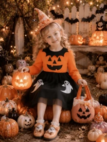 Girls' Fashionable Outdoor Casual Breathable Loose Halloween Orange Pumpkin Ghost Bat Mesh Long Sleeve Dress, Autumn - Orange - View 1