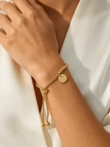 MECYLIFE 1pc Stainless Steel Beads Bracelet For Women, Adjustable Gold Color Jewelry, Personalized Polished Round Disc Bracelet - Gold - View 1