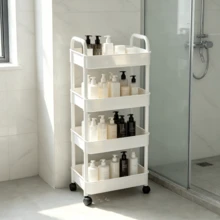 4-Tier Rolling Storage Cart With Handle, Mobile Multi-Function Organizer Rack, Breathable Hollow Design, Waterproof And Easy To Clean, Space-Saving Storage Trolley For Bathroom, Kitchen, Living Room, Garage, Office - Multiple Styles - View 2