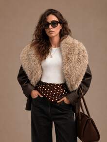 HZXVIC Women's Autumn New Retro Modern Style PU Leather Detachable Fur Collar Casual Motorcycle Jacket - Brown - View 3