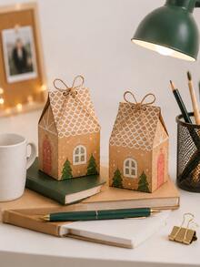 24pcs Christmas Kraft Paper House Gift Boxes With Jute Rope, Cute Gingerbread House Shaped Foldable Gift Packaging Boxes, Suitable For Christmas Party Favors, Holiday Gift Wrapping, Home Decor, DIY Handmade Gift Box Supplies - Multicolor 2 - View 6
